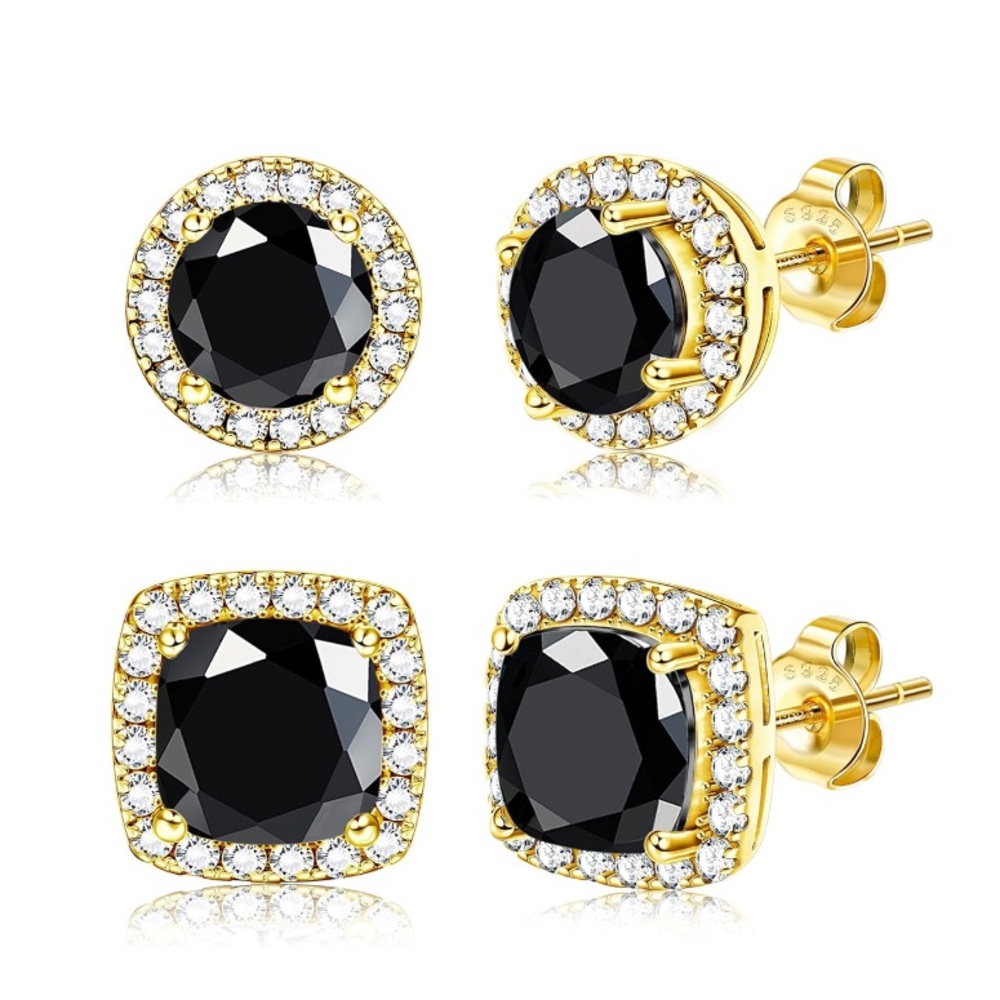14K Gold - 925 Sterling Silver Unisex Black Faceted Diamond Cut CZ Stud Earrings